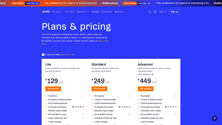 Screenshot: Ahrefs pricing page displaying Lite, Standard, Advanced, and Enterprise plans