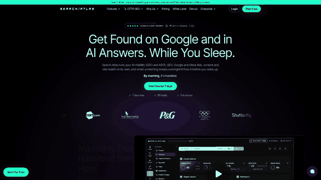 Screenshot: Search Atlas homepage showing the AI‑driven automation branding and key value props