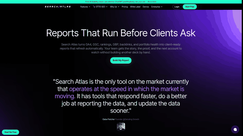 Screenshot: Search Atlas Report Builder dashboard illustrating automated SEO report layout
