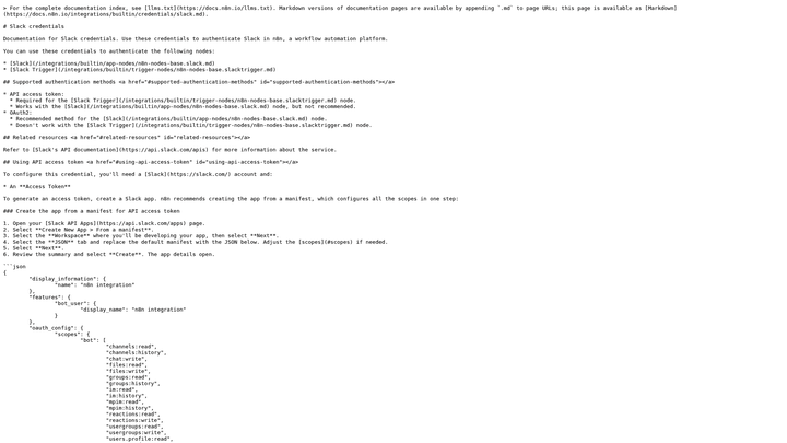 Screenshot: Slack credential configuration screen in n8n, including OAuth flow and token entry fields
