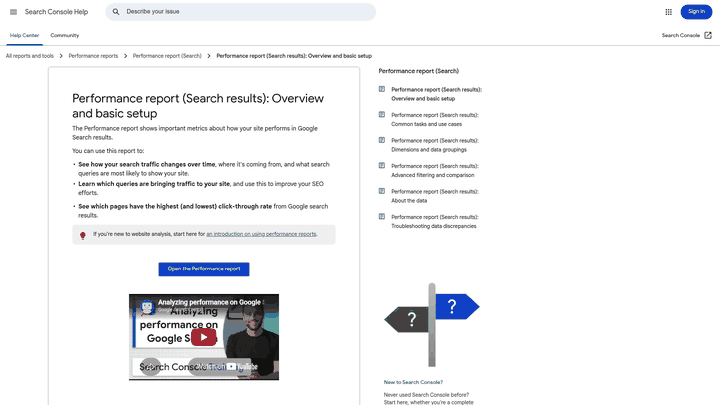 Screenshot: Google Search Console Performance report UI with metric and dimension selectors