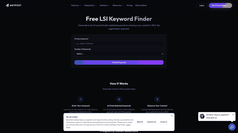 Screenshot: Shows the LSI Keyword Finder input field and example keyword list, illustrating how AnyPost surfaces semantically related terms for programmatic page clusters.