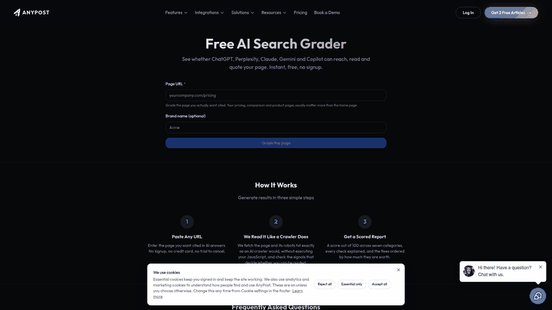 Screenshot: Displays the AI Search Grader score report with categories and numeric ratings, demonstrating how pages are evaluated and prioritized.