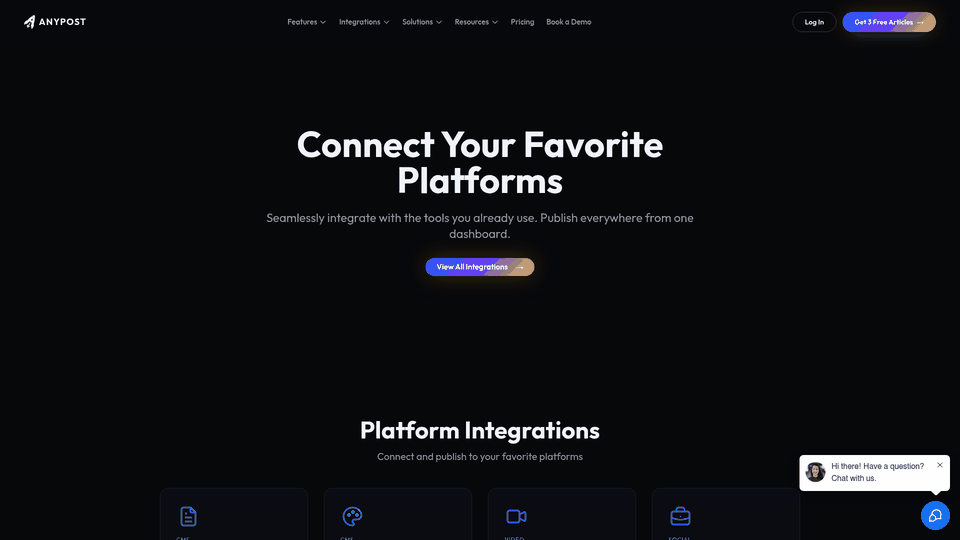 Screenshot: Integrations page displaying the list of supported platforms (LinkedIn, YouTube, Instagram, TikTok, etc.) for one‑click publishing.