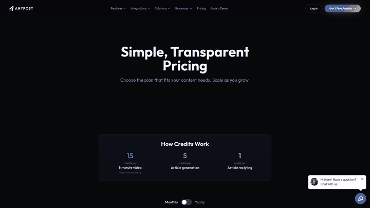 Screenshot: Pricing table that breaks down credit costs per article, video, and restyling, helping readers calculate ROI.