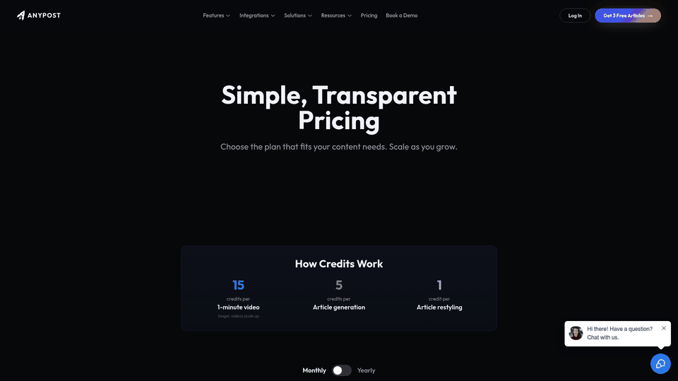 Screenshot: Pricing table with credit model and free-article offer