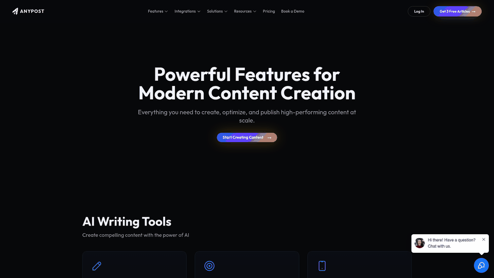 Screenshot: Feature list highlighting “Multi-Platform Publishing” and “Content Repurposing”