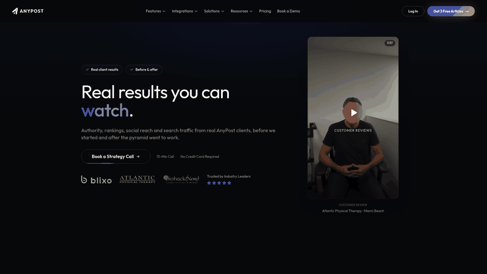 Screenshot: Before-after client results (domain authority, keyword rankings, social reach) displayed as cards