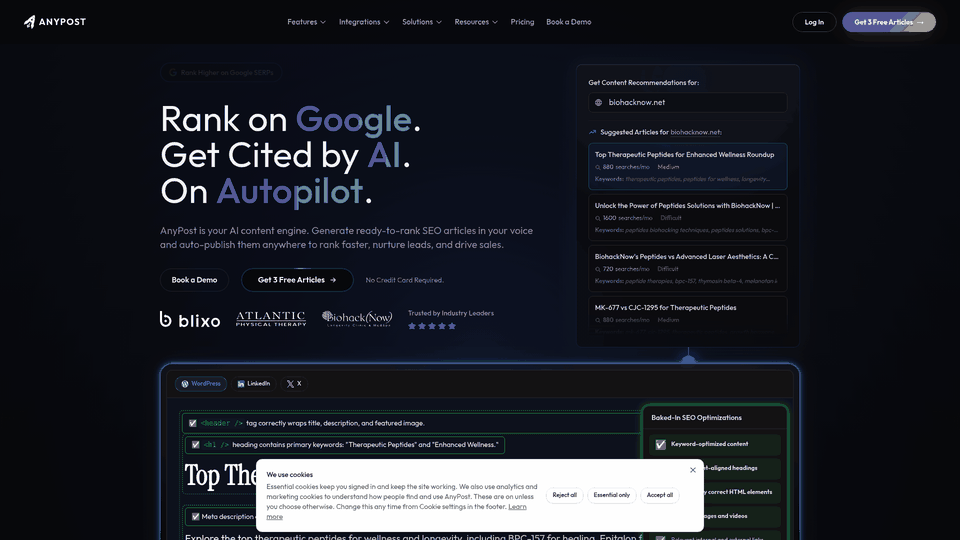 Screenshot: AnyPost.ai homepage showcasing its AI‑driven content engine and integration focus.