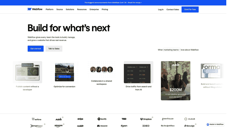 Screenshot: Webflow homepage that highlights its visual builder and CMS capabilities.