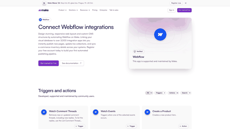 Screenshot: Webflow-related Make.com directory page reviewed during research.