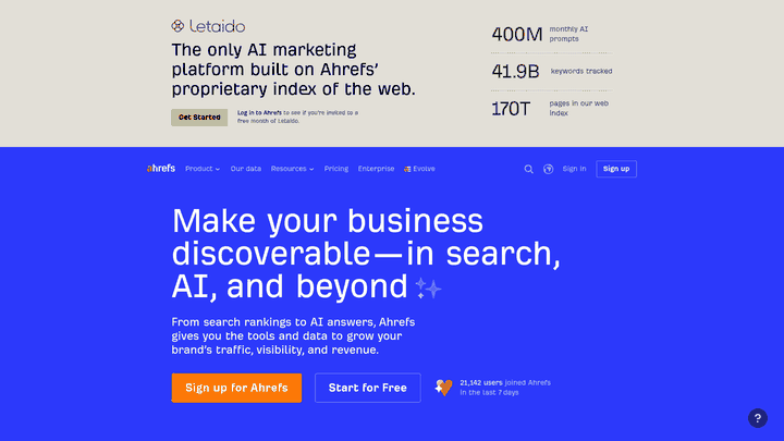 Screenshot: Ahrefs homepage showing its branding, navigation and top‑level feature overview