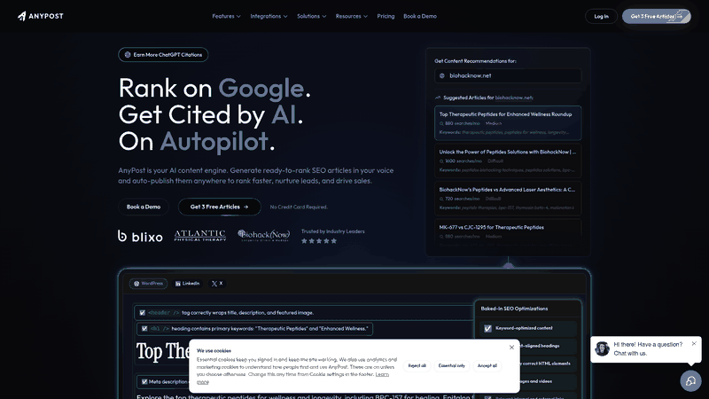 Screenshot: AnyPost.ai homepage that highlights the all‑in‑one dashboard and automated SEO workflow