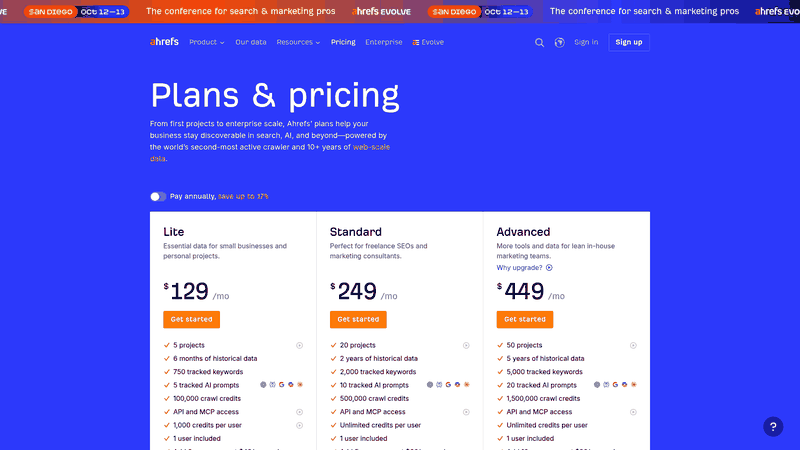 Screenshot: Ahrefs pricing table with plan tiers and monthly costs