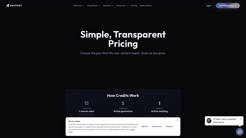 Screenshot: AnyPost.ai transparent pricing page displaying free tier and credit‑based plans