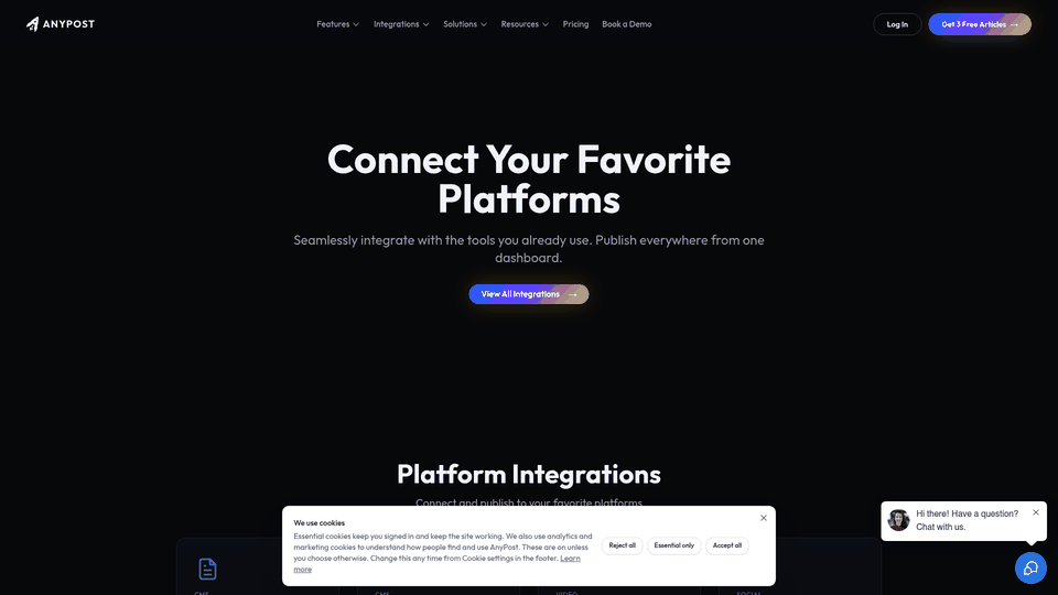 Screenshot: Lists all platform integrations (WordPress, YouTube, LinkedIn, TikTok, etc.) demonstrating how AnyPost connects disparate tools into one dashboard.