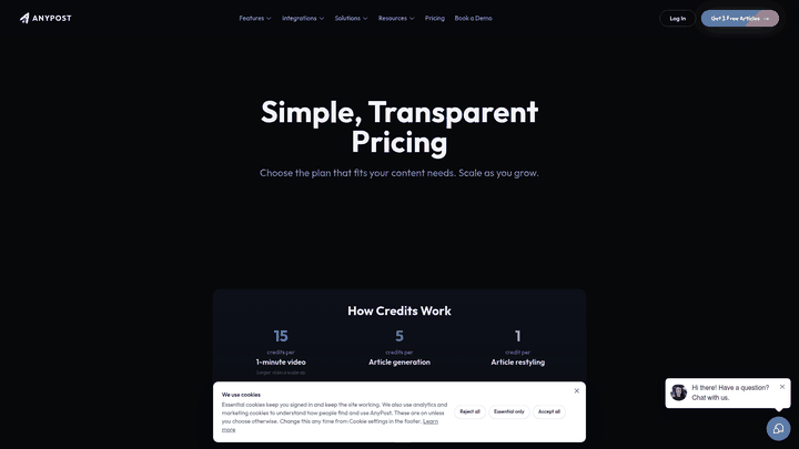 Screenshot: Transparent pricing table that ties credit usage to content output, helping readers gauge cost‑effectiveness.