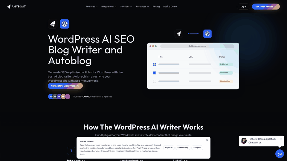 Screenshot: WordPress integration page displaying the one‑click auto‑publish workflow and dashboard snippet.
