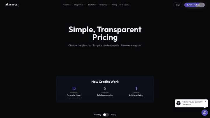 Screenshot: Pricing table displaying free tier, credit‑based plans, and included growth services